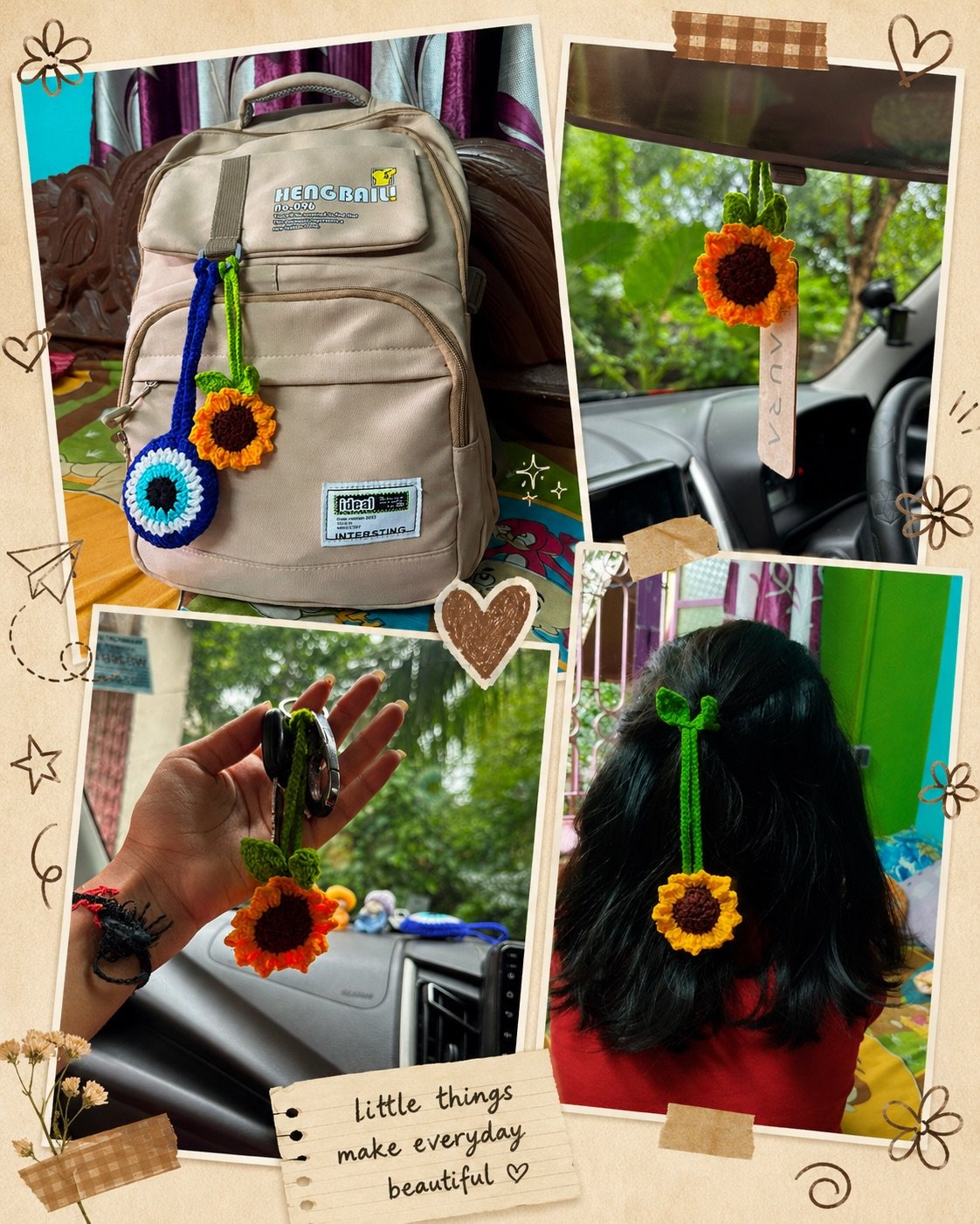 Customer photos of crochet charms on a bag, a car mirror, keys and hair