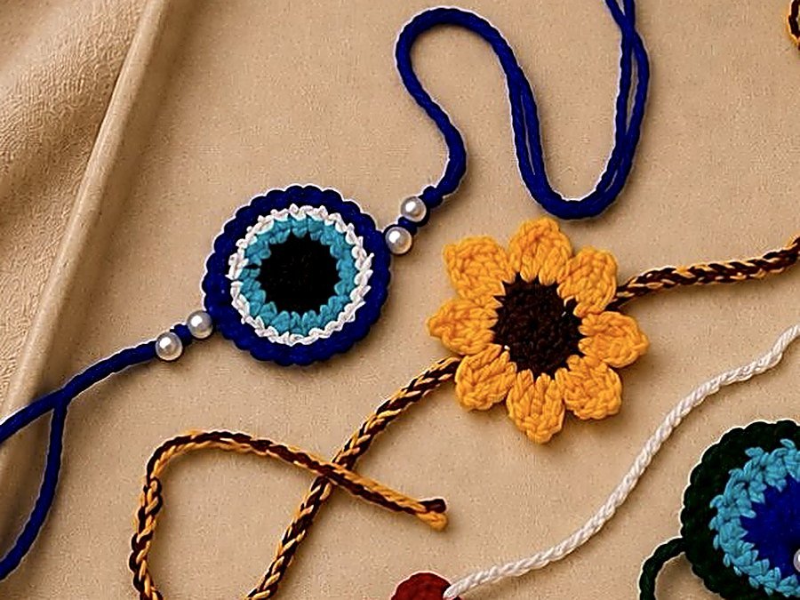 Close-up of crochet rakhis on a tray
