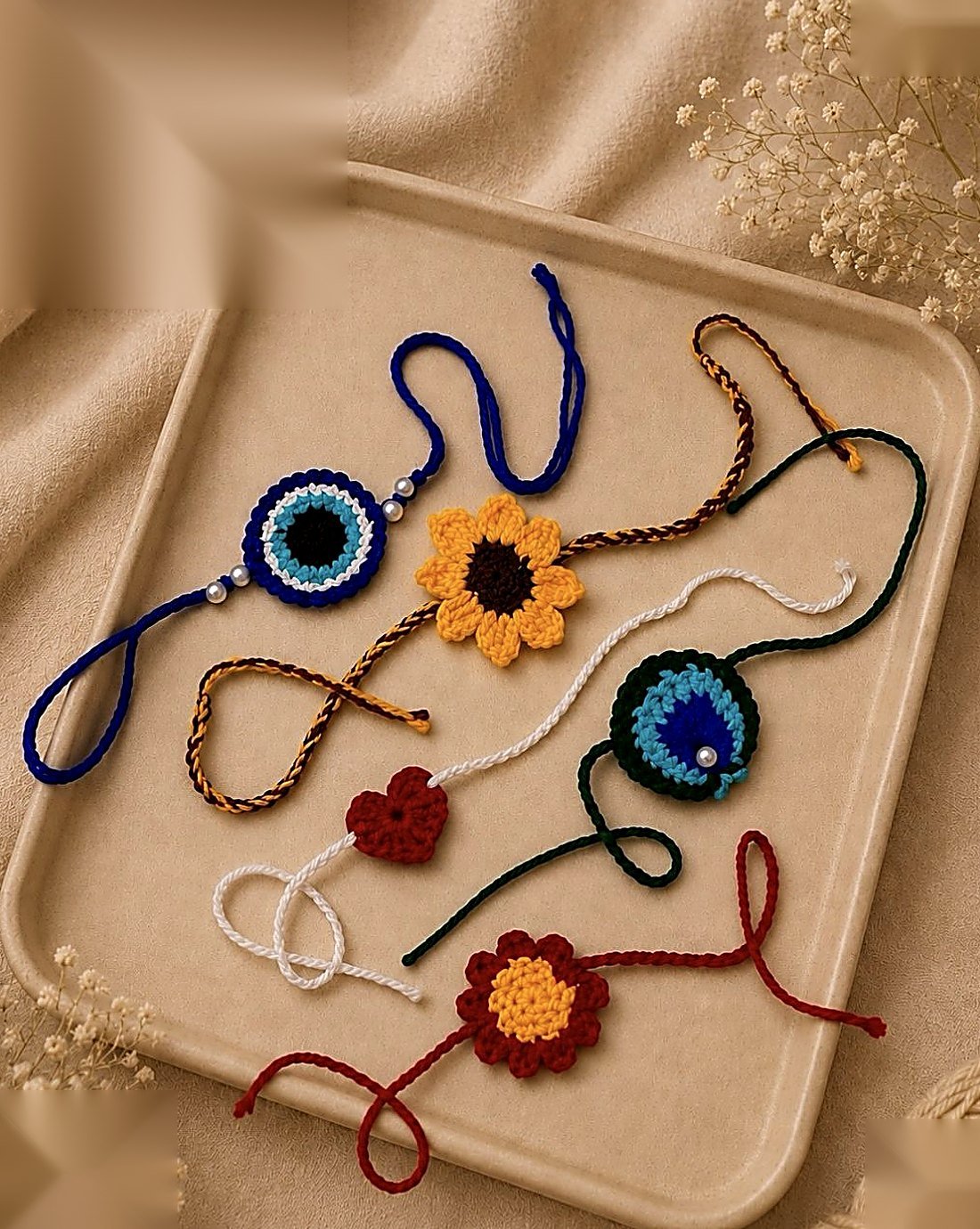 A tray of handmade crochet rakhis
